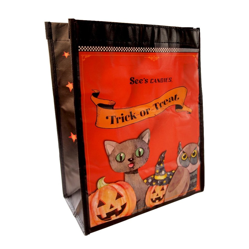 See's Candies Trick-or-Treat Bag Cat, Pumpkins, Owl, Witch Hat Orange and Black